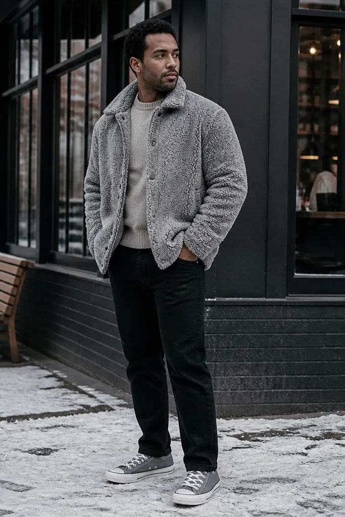 Grey Converse with a teddy sherpa jacket and black straight jeans