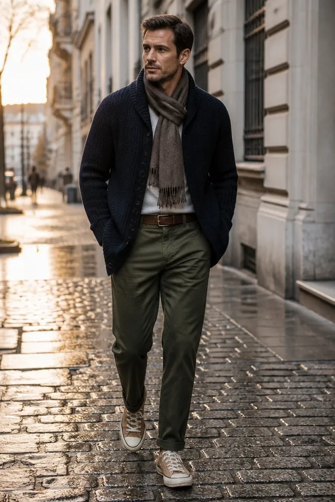 Tan Converse with navy sweater coat and olive chore pants