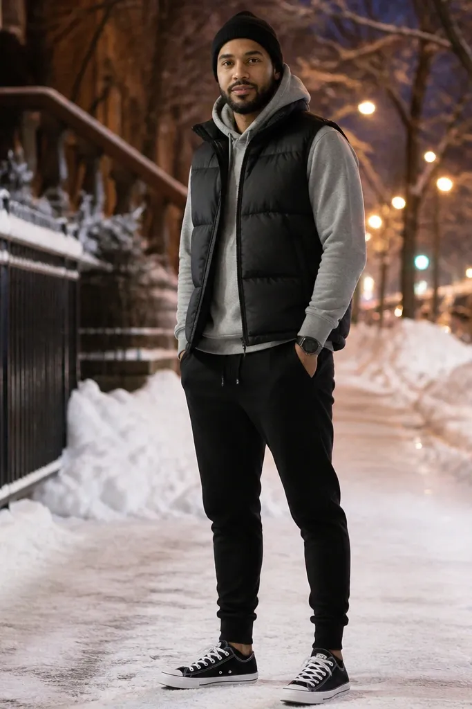 All-black Converse with black puffer vest, gray hoodie, and black joggers