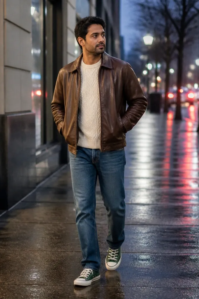 Green Converse with a brown leather jacket and blue straight jeans