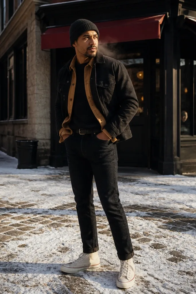 Cream Converse with a camel overshirt and black denim jacket layering