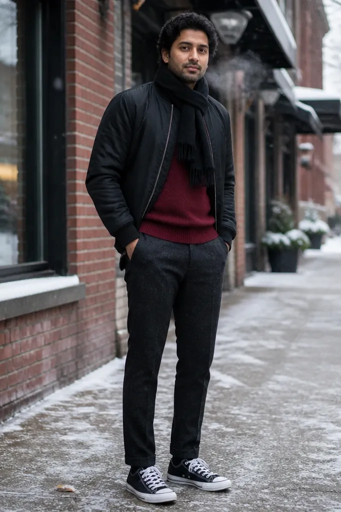 Charcoal Converse with a black bomber and burgundy knit crew