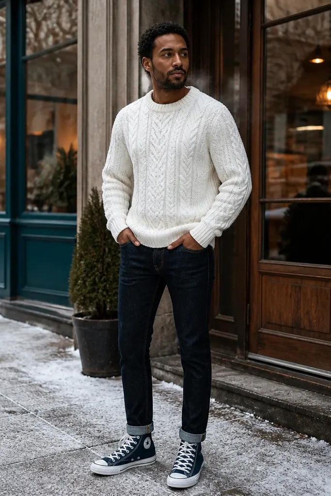 Blue Converse with a white cable knit sweater and dark rinsed jeans