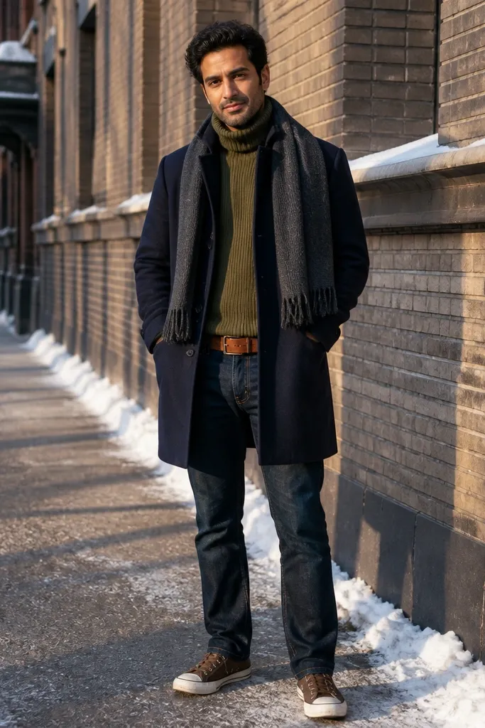 Brown Converse with a navy overcoat and olive knit turtleneck