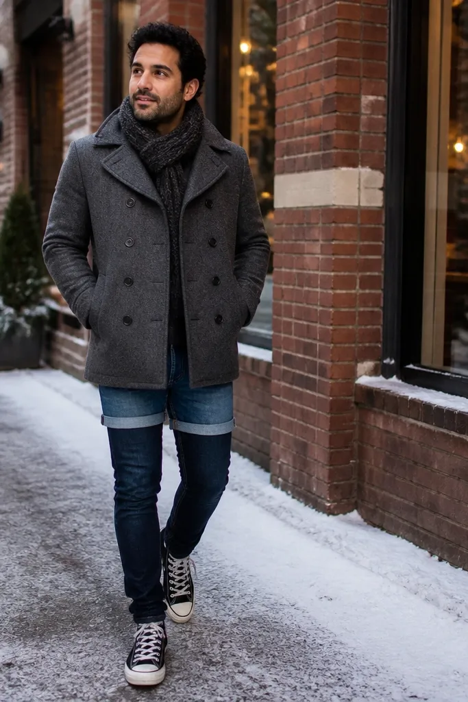 Black Converse with a gray peacoat and layered winter bottoms