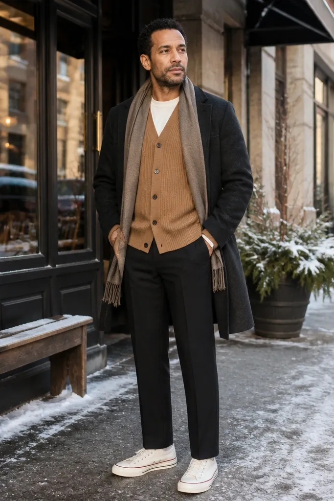 Ivory Converse with a camel knit cardigan and black straight trousers