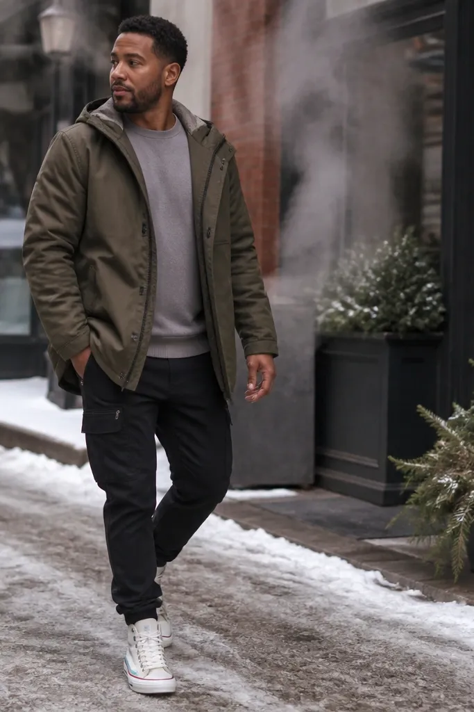 Multi-stripe Converse with an olive parka and black cargo joggers