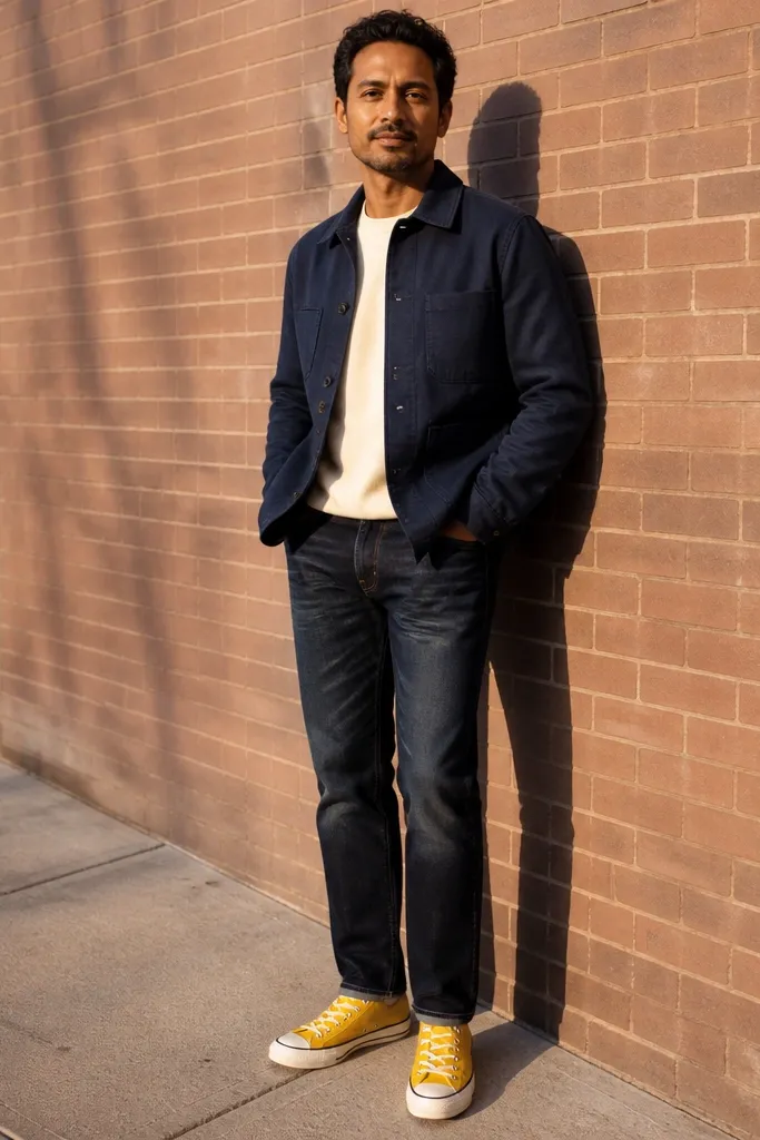 Navy chore jacket, cream tee, dark straight jeans, yellow low-top Converse, white socks