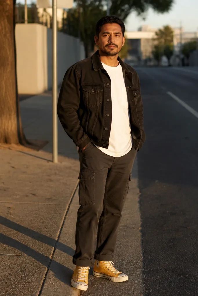 Black denim jacket, white pocket tee, charcoal cargos, yellow Converse sneakers