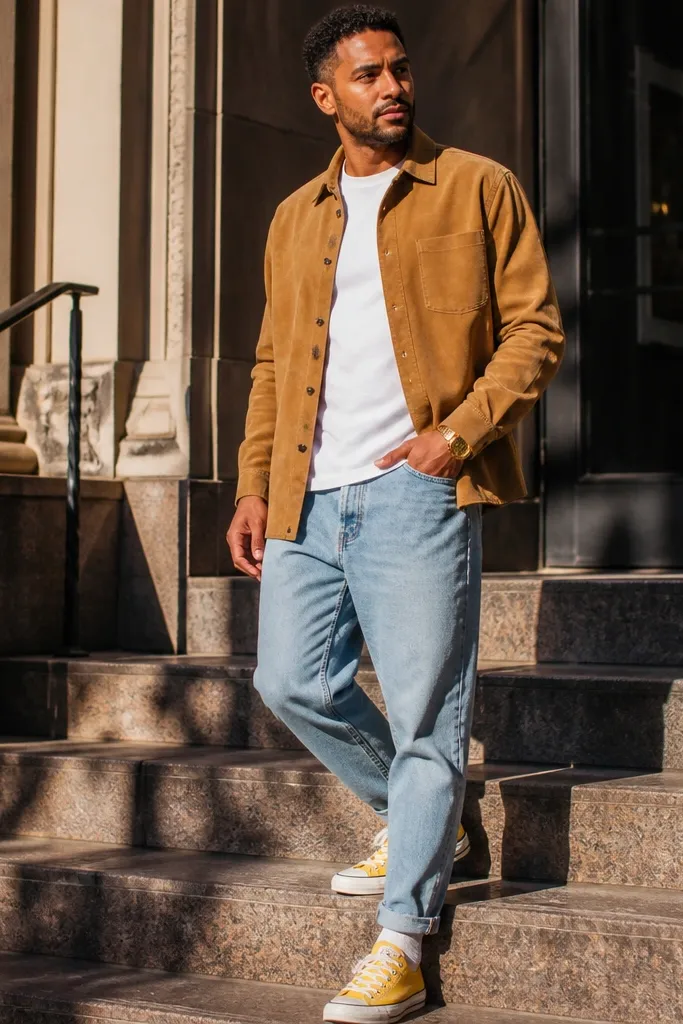 Tan suede overshirt, white tee, light-wash jeans, yellow Converse, white crew socks