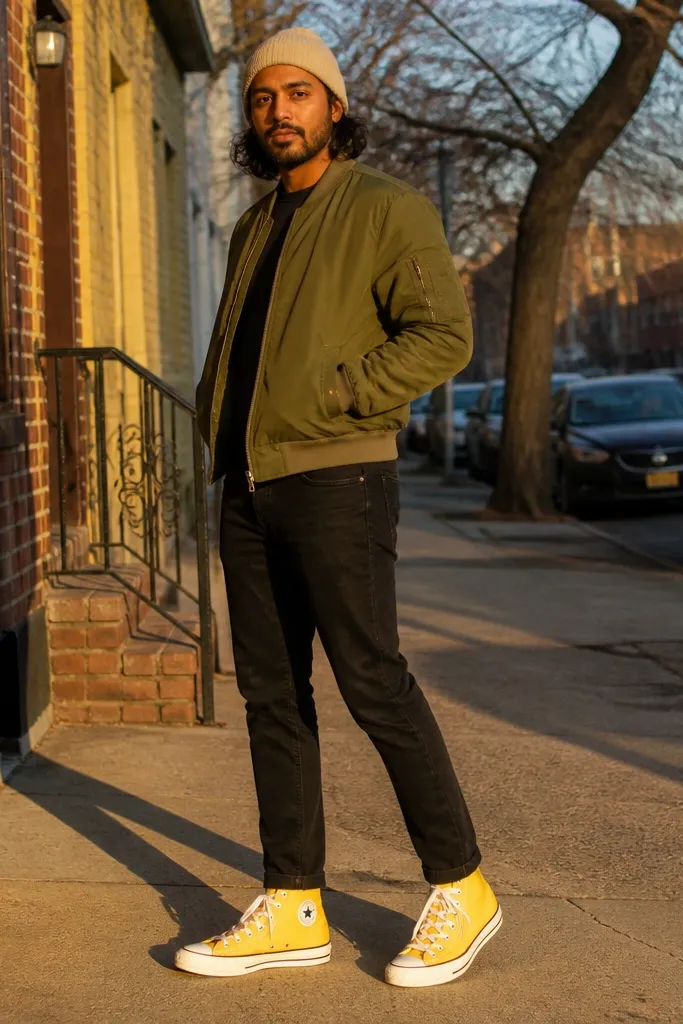 Olive bomber jacket, cream knit beanie, black slim jeans, yellow Converse sneakers