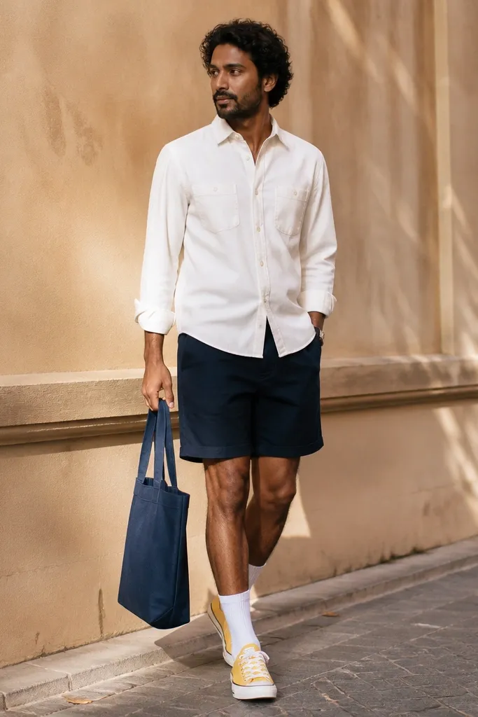 White denim shirt, navy shorts, yellow Converse, navy tote bag, white socks
