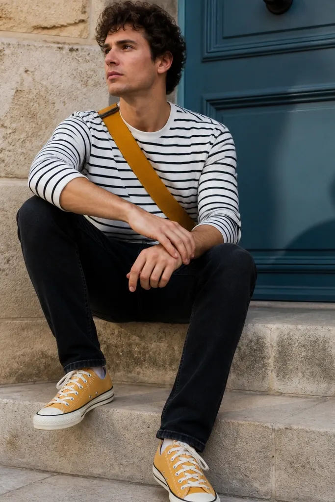 Black jeans, striped Breton tee, mustard crossbody strap, yellow Converse sneakers