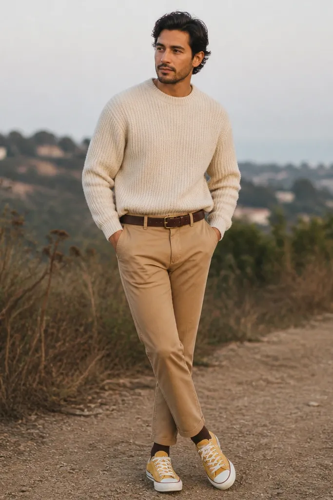 Cream knit sweater, camel chinos, brown leather belt, yellow Converse, brown socks