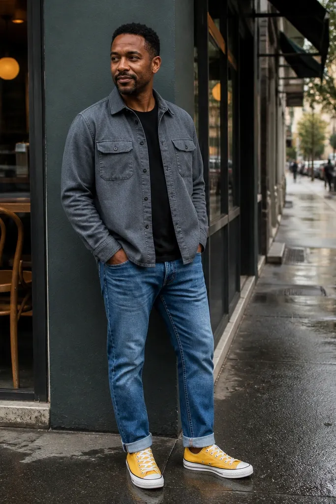 Slate gray overshirt, black tee, blue jeans with rolled cuffs, yellow Converse