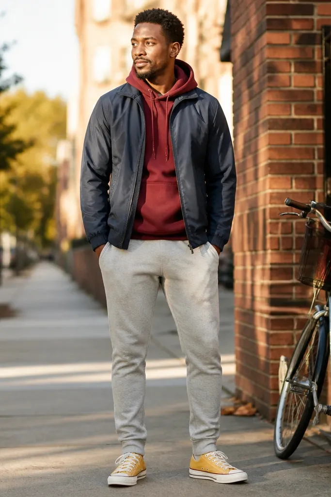 Burgundy hoodie, navy windbreaker, grey sweatpants, yellow Converse sneakers