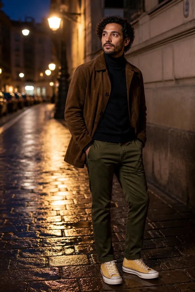 Black turtleneck, olive chinos, short brown coat, yellow Converse sneakers