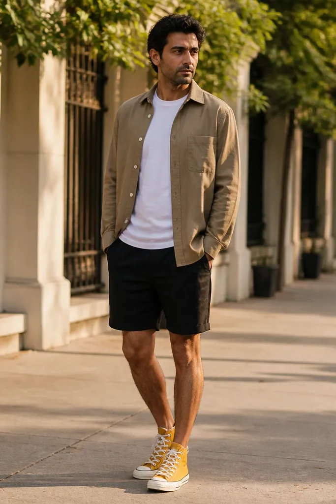 Khaki overshirt, white crew tee, black shorts, yellow Converse sneakers