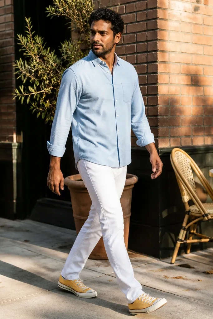 Powder-blue button-up shirt, white jeans, yellow Converse sneakers