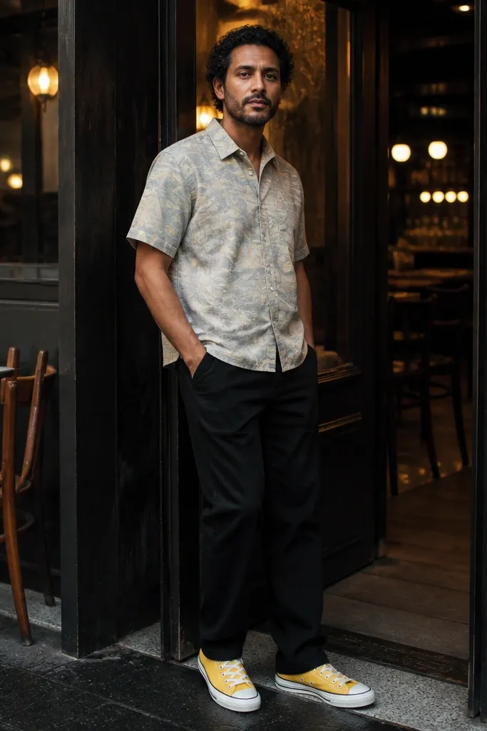 Muted patterned short-sleeve shirt, black jeans, yellow Converse sneakers, black socks