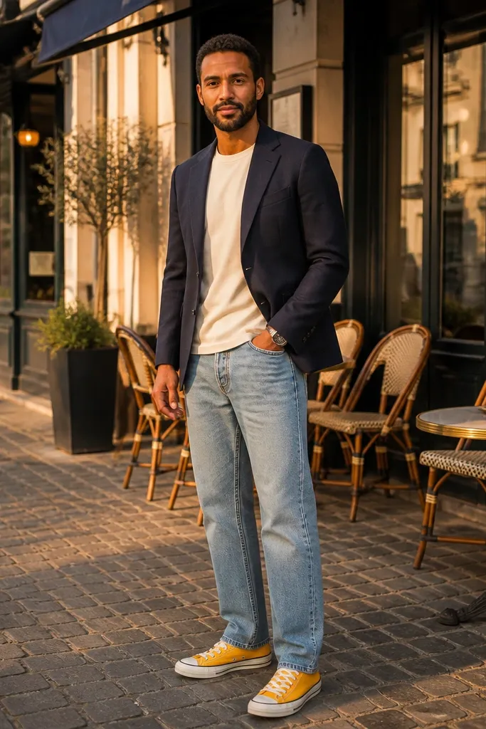 Cream tee, navy blazer, light denim jeans, yellow Converse sneakers, wristwatch