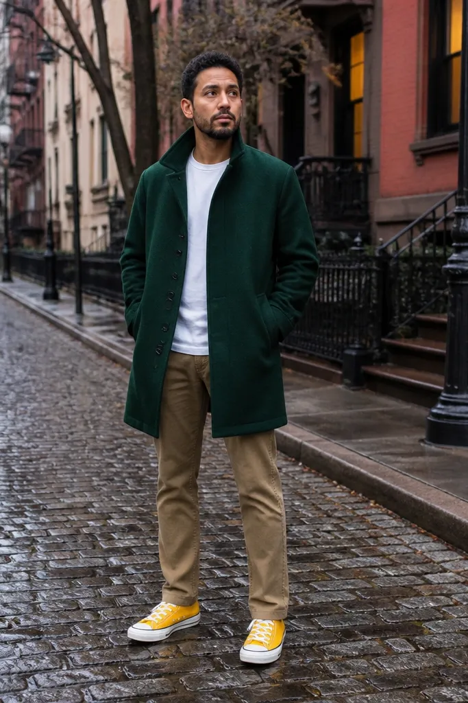 Forest green wool coat over white tee with tan chinos and yellow Converse